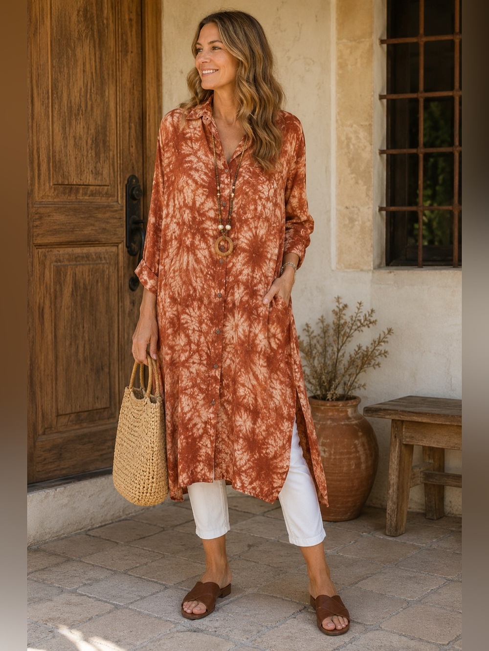 Soft Surroundings Burnt Orange Linen Blend Tunic Button Dress Lagenlook Size L